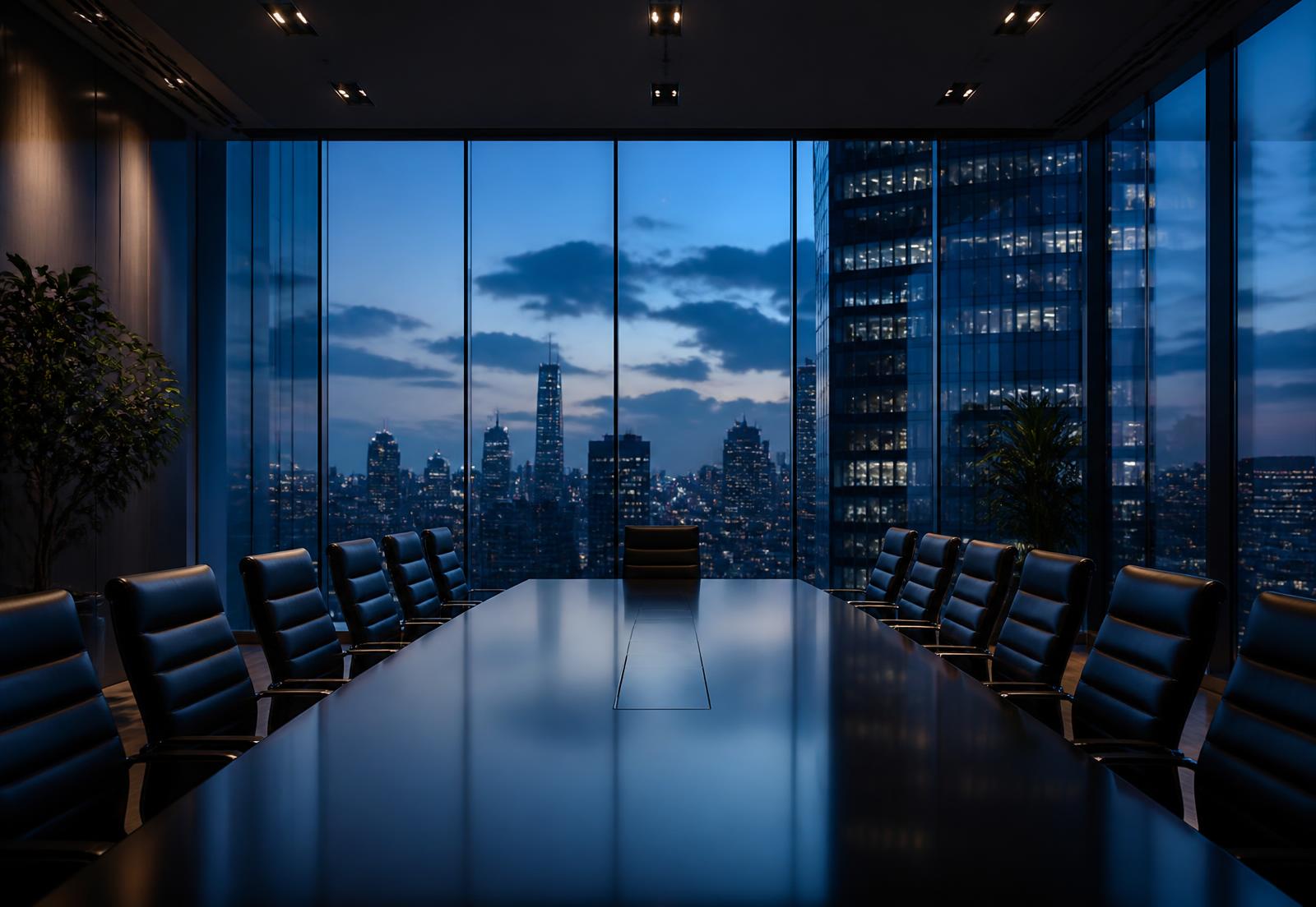 Empty executive boardroom overlooking a city skyline at dusk